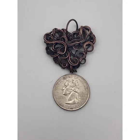 Antiqued Handmade Copper Wire Chaos Style Dainty Heart Pendant - Picture 6 of 6